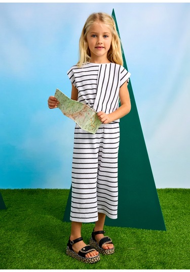 Mayoral 3559 Kız Çocuk Beyaz-antrasit Çizgili Pantolon Takım Beyaz