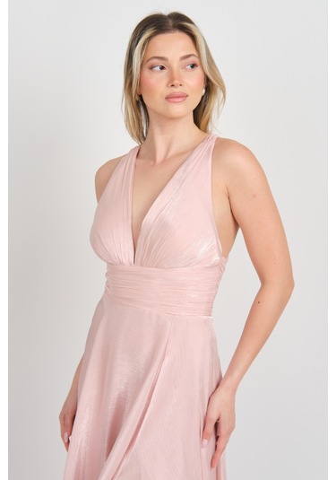 Doridorca Kadın Derin V Yaka Şifon Uzun Abiye Elbise 7065 Pudra Pudra