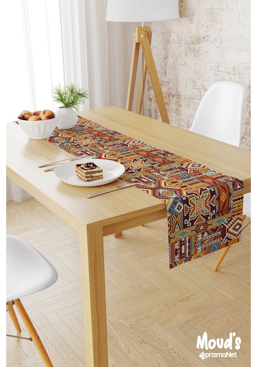 Etnik Kilim Desenli Baskılı Süet Runner Masa Örtüsü