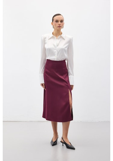 Sateen Yırtmaçlı Saten Etek - Mürdüm-136724 Mürdüm