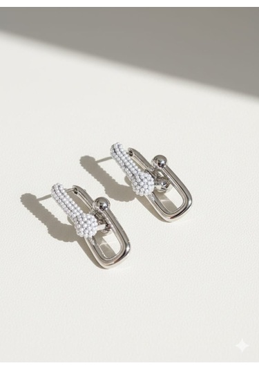 İnci Detaylı Gümüş Renk Modern Küpe Gümüş - Beyaz