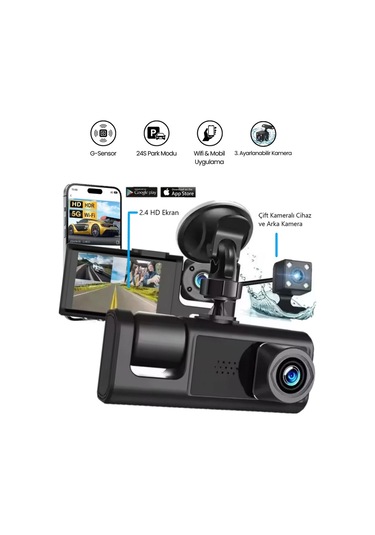 Araç İçi Wi-fi Güvenli Sürüş Kamerası Ön İç Arka 3 Kameralı G-sensör Mobil Uygulama İle Kolay İzleme