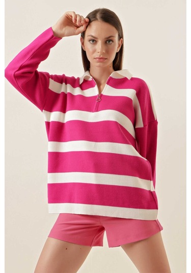 Gabria Fermuarlı Çizgili Kazak Pembe