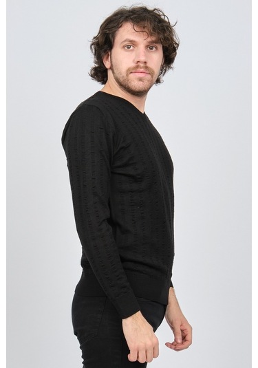 Desen Triko Erkek V Yaka Yün Kazak 0249626 Siyah Siyah