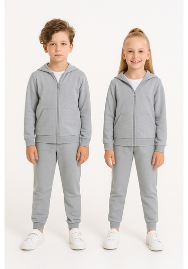 Kız - Erkek Çocuk Basic Fermuarlı Okul Eşofman Takımı Ak0785 Gri