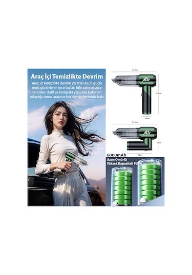 ALLY ST-6670PLUS 18000pa Güçlü Portatif 3 Kademeli Tasinabilir Vakumlu Kablosuz Üflemeli Mini Araç Süpürgesi