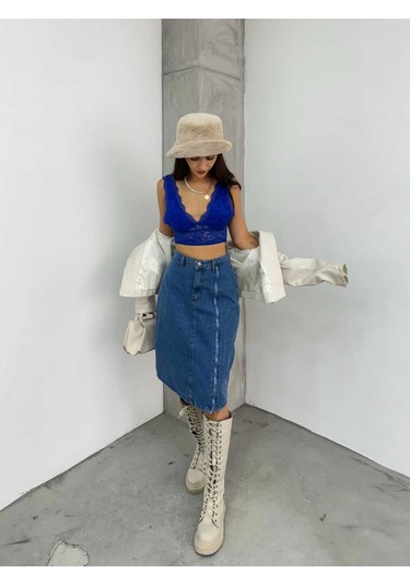 Shevega Kadın Mavi Ön Fermuar Detayli Kot Etek Mavi