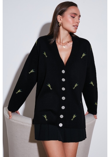 Lela Oversize Fit Desenli V Yaka Triko Bayan Hırka 4616193 Siyah