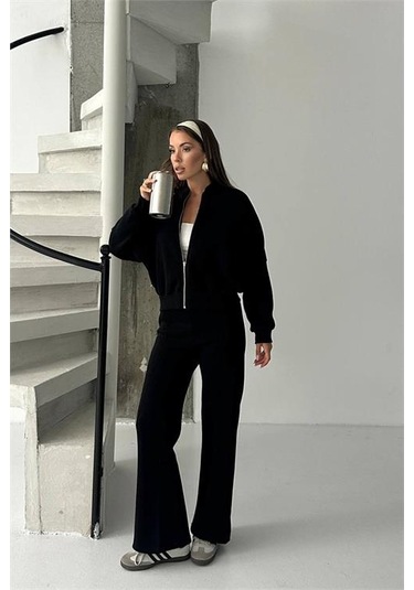 Neşeli Butik Kadın 3 İplik Şardonlu Oversize Eşofman Takımı Nbg105 Siyah