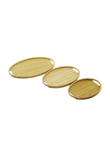 Oval - 3 Boy Bambu Ahşap Tepsi Seti 20x29--26x36--31x45cm Çok Renkli