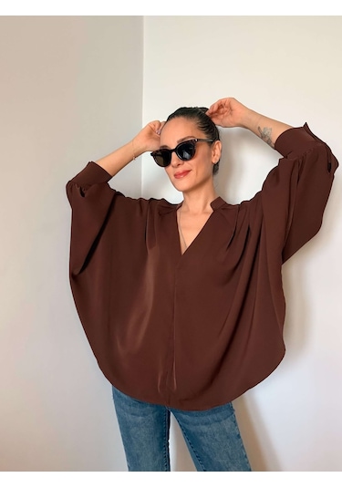 Ali Butik Kahve Yarasa Kol V Yaka Tasarım Gömlek Kahve