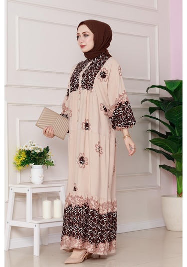 Leopar Desenli Robalı Viscon Elbise-vizon-4798 Vizon