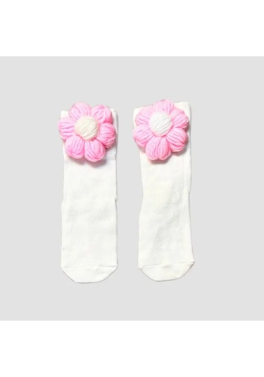 Uretti - Gülnur 2184 - El Örgüsü Çiçek Motifi Çoraplı Kız Çocuk Hırka 1 Yaş - Pembe Pembe