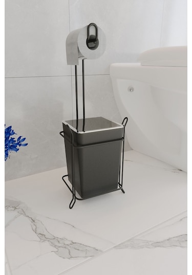 Suntel Lüks Banyo Mutfak Çöp Kovası Metal Standlı Tuvalet Kağıtlık Seti Siyah