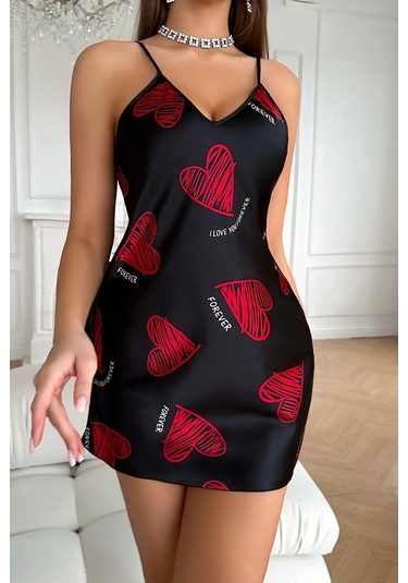 Hello Papana Hello Papana Büyük Kırmızı Kalp Desenli Siyah Saten Gecelik Çok Renkli