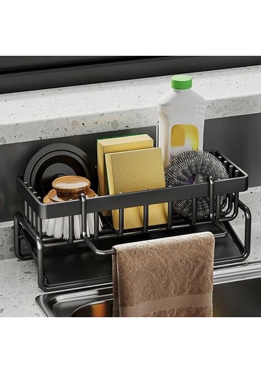 Pazly Mutfak Lavabo Organizatörü Sünger Tutucu, Kendiliğinden Boşalan Tepsi, Bulaşık Sabunu, Fırçalama, Bezi, Paslanmaz Çelik Raf Siyah