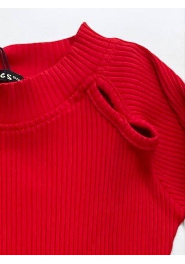 Kız Çocuk Yarım Balıkçı Yaka Detaylı Fitilli Bluz-14344 Kırmızı