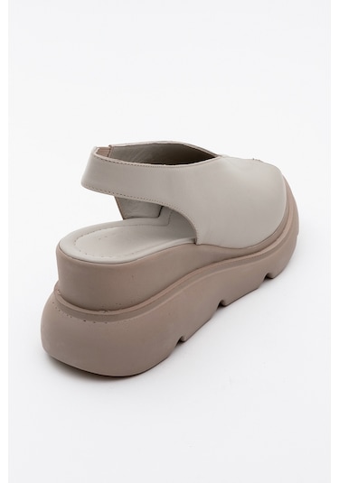 Sam Taş Cilt Hakiki Deri Kadın Dolgu Topuk Sandalet Taş Rengi Taş