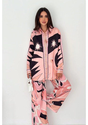 Modal Saten Kumaş Desenli Takım Pembe Pembe