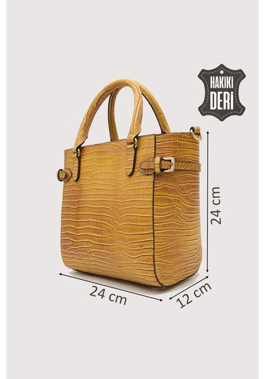 Hakiki Deri Kadın El Çantası Hardal Kroko Smr7922 Hardal Kroko