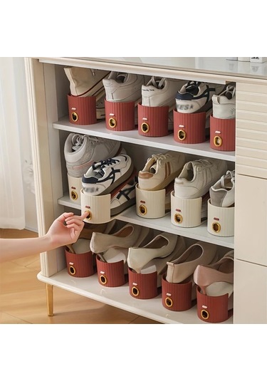 Fochsia Fildişi Beyaz Ve Kırmızı-kahverengi 10 Adet Katlanır Ayakkabı Askılığı, Dikey Çizgili, Altın Halkalı, Şık Ve Tasarruflu. Fildişi Beyazı Taban + Kahverengi-kırmızı İnsert