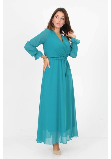 Kadın Kuşaklı Uzun Şifon Elbise Dpkts003 Petrol Mavisi
