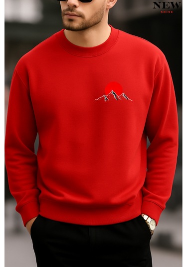 Kırmızı Dağ Baskılı Bisiklet Yaka Sweatshirt Kırmızı