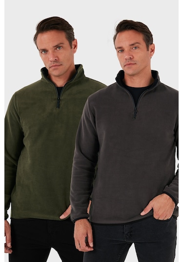 Buratti Slim Fit Yarım Fermuarlı Dik Yaka 2'Li Paket Erkek Polar 5906003S2 Haki-Füme