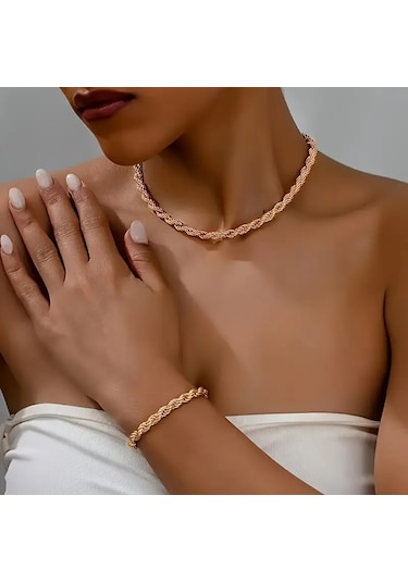 Rosegold Kalın 3mm Burgu Çelik Kolye Ve Bileklik Set Rose Gold