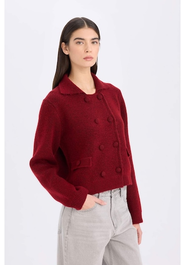 DeFacto Regular Fit Polo Yaka Basic Düz Düğmeli Triko Hırka E2289AX24WNBR93 Bordo