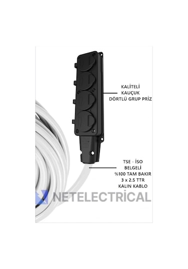 Kauçuk 4'lü 70 Metre Topraklı Grup Priz - 3x2.5 Ttr Tam Bakır Kalın Beyaz Kablo 70 Metre