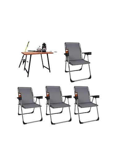 Alin Metal Kamp Sandalyesi 4''lü Lüks Bardaklı Kamp Sandalyesi Ve Masa Set Trf-01 Gri Gri