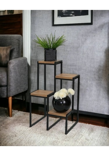Metal Saksılık 4 Ahşap Raflı Dekoratif Saksı Standı Garden Çam
