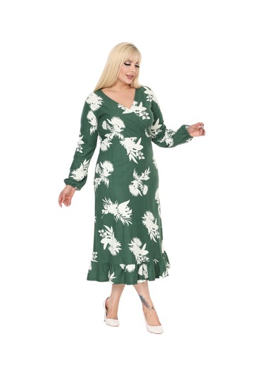 Melsay Butik Kışlık Yumoş Kumaş Kruvaze Yaka Yeşil Beyaz Yaprak Desen Eteği Fırfırlı Midi Elbise Yeşil