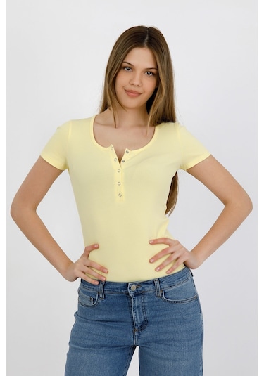 Hdm Kadın Esnek Fitilli Yakası Çıtçıtlı Sarı Kısa Kol Basic Örme Bluz - H5993