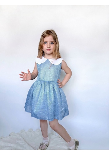 Linola Baby Kids Shiny Simli Bebe Yakalı Çocuk Elbisesi Mavi