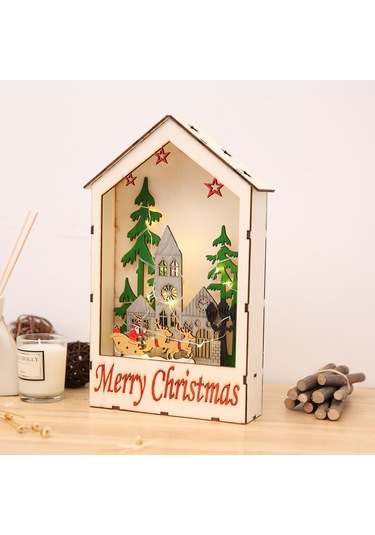 Leezsing Led Işıklı Ahşap Noel Evi Dekoru - Masa & Pencere & Ağaç Süsü Diğer
