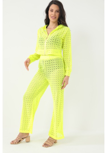 Kapuşonlu Dantel Bluz Neon Sarı