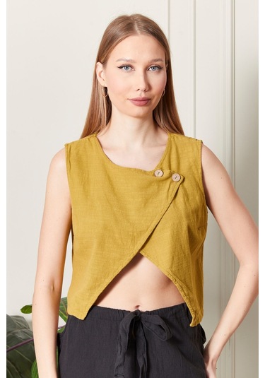 Şık Farklı Tarz Asi Keten Bluz - Modern Ve Cesur Tasarım HARDAL