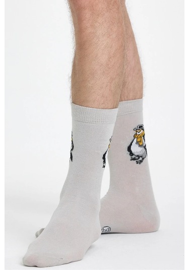 Erkek Pamuklu Özel Desenli Dikişsiz Yumuşak Dokulu Terletmez Rahat Esnek Soket Çorap Açık Gri-penguen