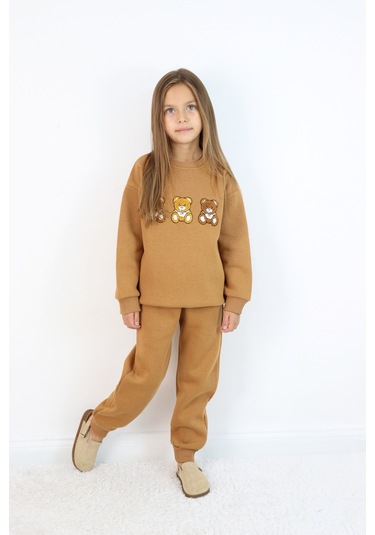 Kız Çocuk 3'lü Ayıcık Nakışlı 3 İplik Oversize Şardonlu Takım Kahverengi