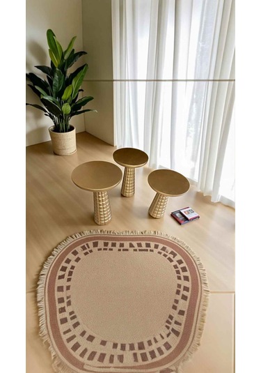 Altın Detaylı Ahşap Mantar Sehpa 3 Lü Takım Yan Sehpa Seti