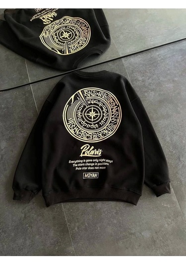 Kışlık Bisiklet Yaka Ön Ve Arka Baskılı Sweatshirt - Siyah Siyah
