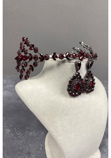 FdayAksesuar Aksesuar Gelin Tacı Seti Bordo Çift Taraflı Selen Model Kına Gelin Tacı Ve Damla Taşlı Küpe Takımı FRDY31674