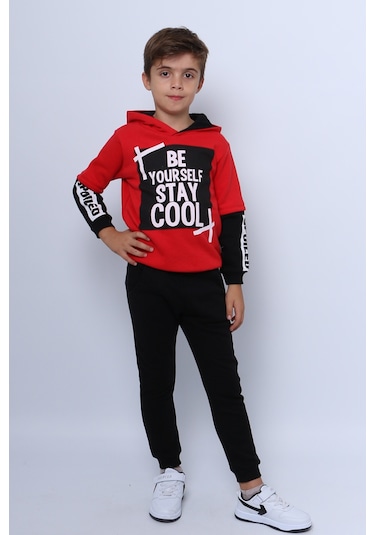 Erkek Çocuk 3 İplik Eşofman Takımı Baskılı Kapşonlu D32 Kırmızı