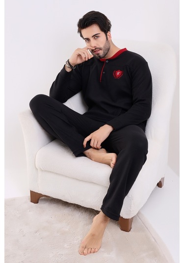 Flkn 7202 Polar Kışlık Erkek Ev Pijama Takımı Uyku Takımı Siyah