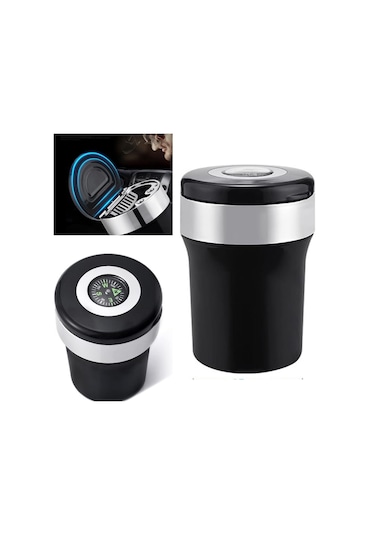 Araç İçi Küllük Pusulalı Işıklı Kapaklı Kokusuz Paslanmaz Çelik İçli Oto Küllüğü Gümüş Glz03504054