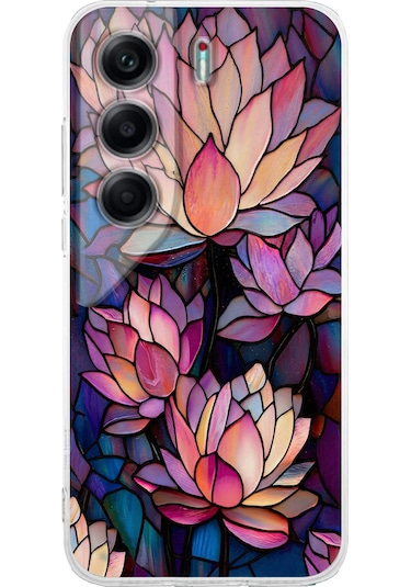 Printify Tecno Camon 40 İle Uyumlu Vitray Sessiz Lotus Tasarımlı Şeffaf Silikon Kılıf Şeffaf