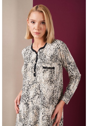 Pjs 26024 Kadın Patlı Dantel Detaylı Desenli Uzun Kol Gecelik Desenli