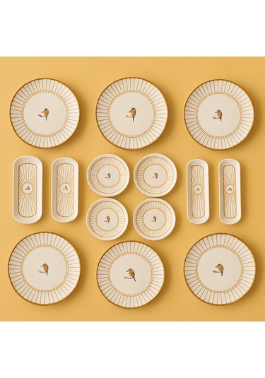 Seramık 6 Kısılık Kuş Desenlı 14 Parca Seramık Kahvaltı Takımı Beyaz